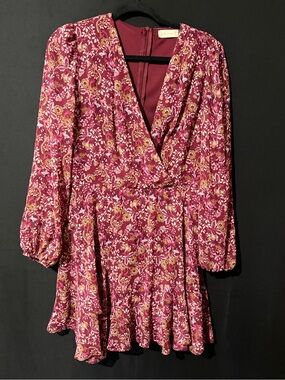 Altar'd State Burgundy Floral Wrap-Style Long Sleeve Dress